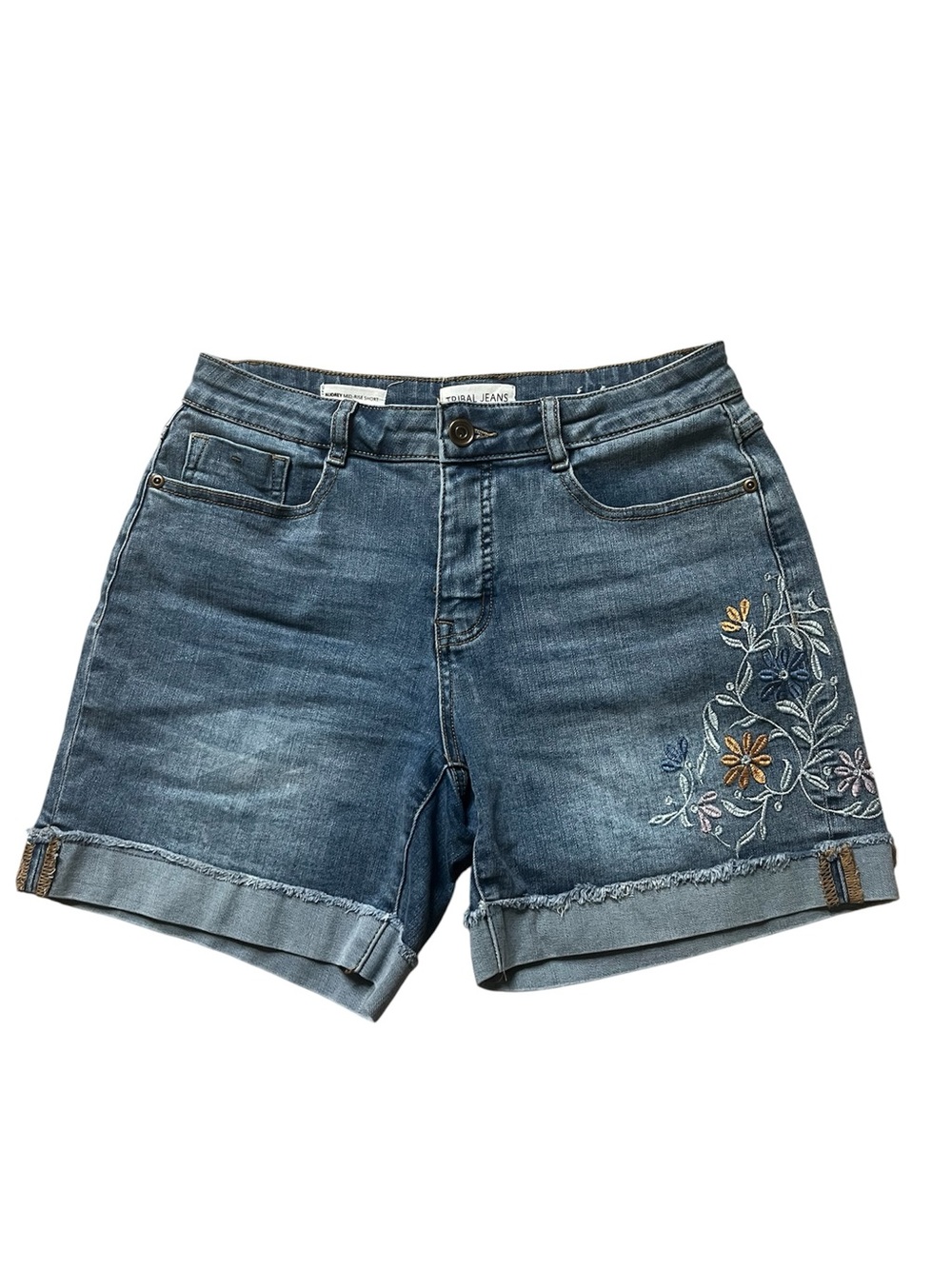 🌺 Tribal Jeans Embroidered Mid-Rise Blue Denim Shorts with Rolled Hem